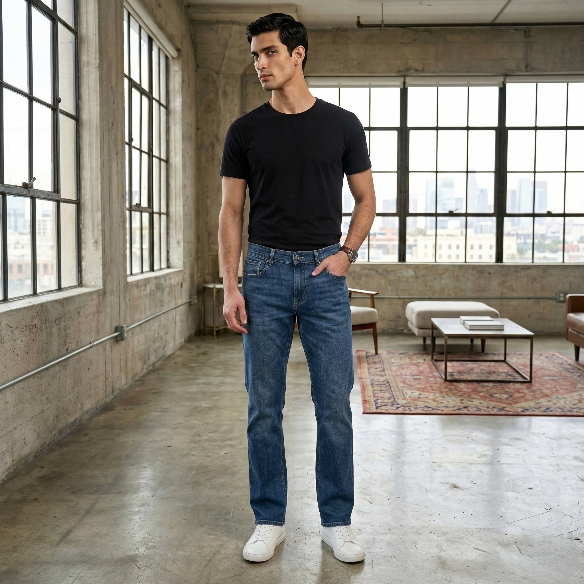 Rough Texture Straight Fit Poly Denim Jeans