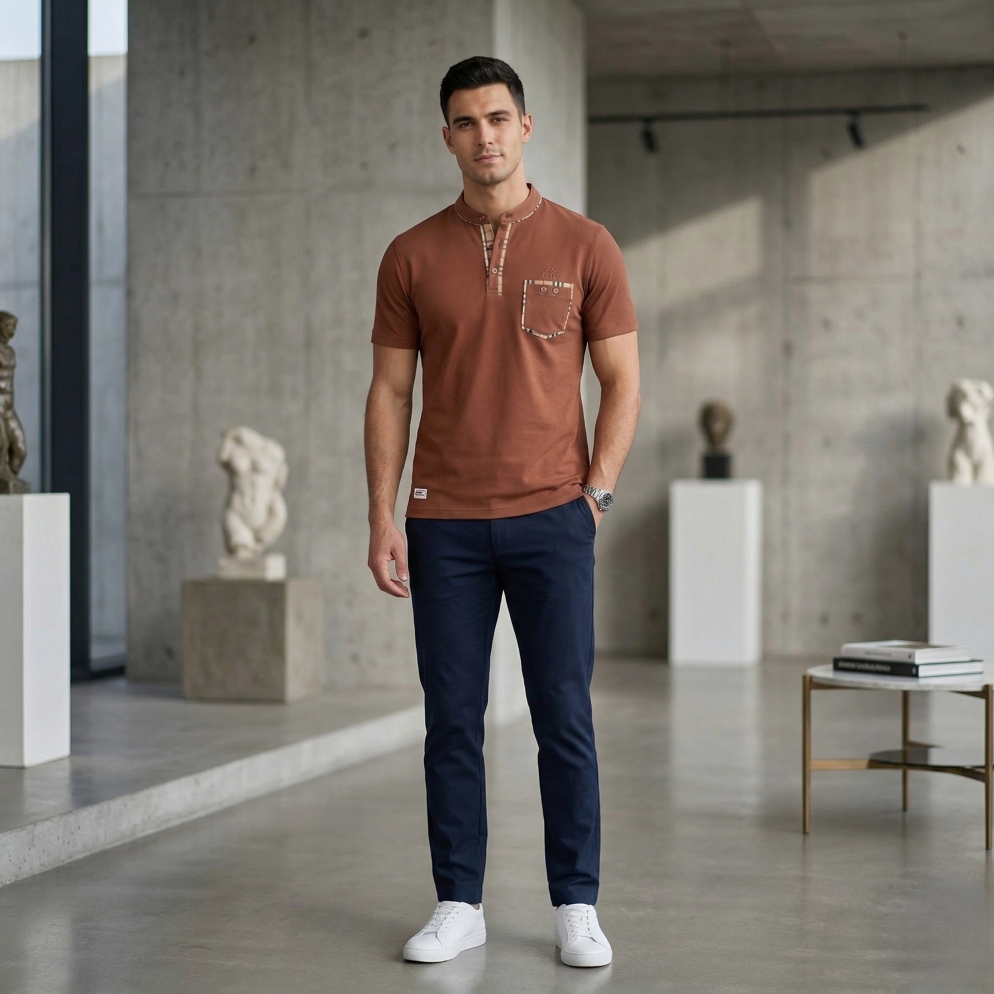 Mandarin Collar Cotton T-Shirt