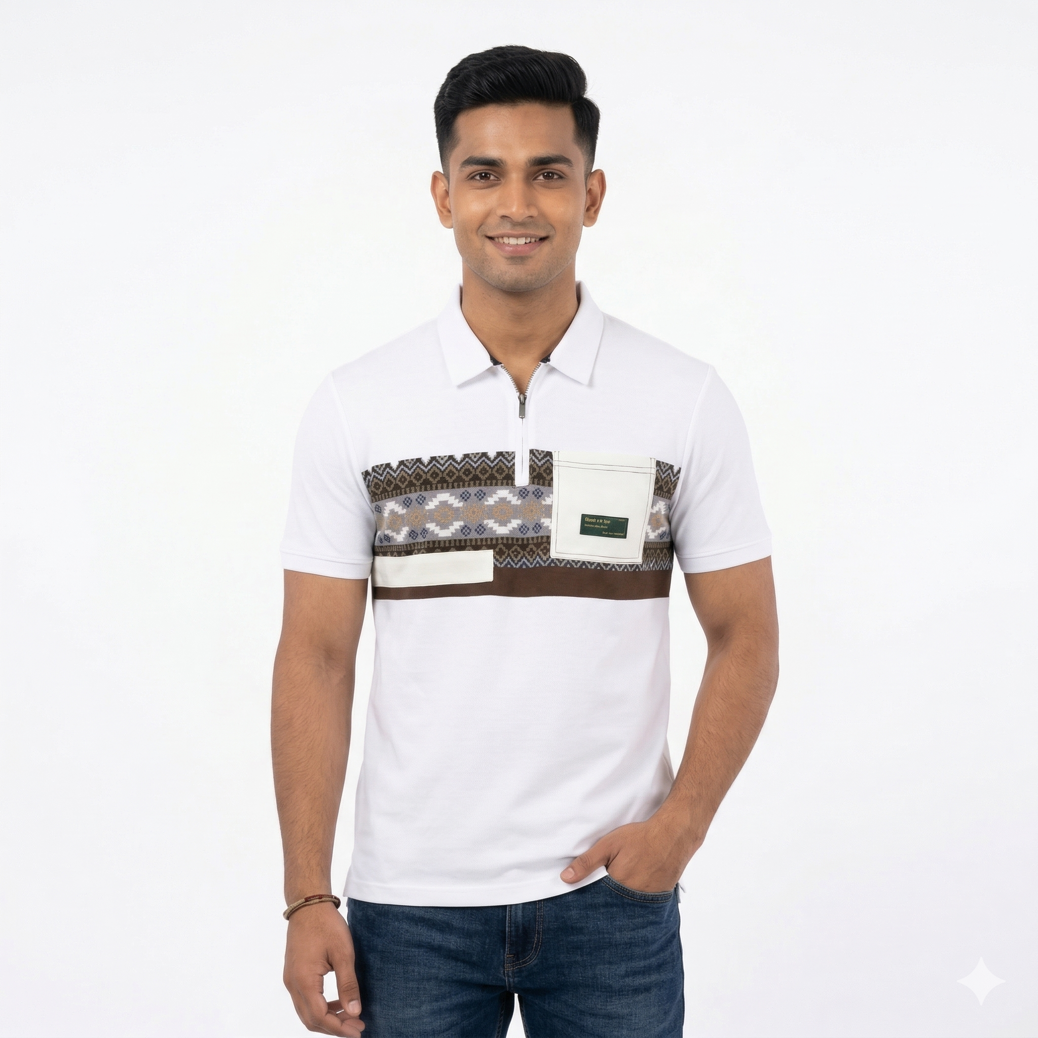 Zip Placket Cotton Blend T-Shirt