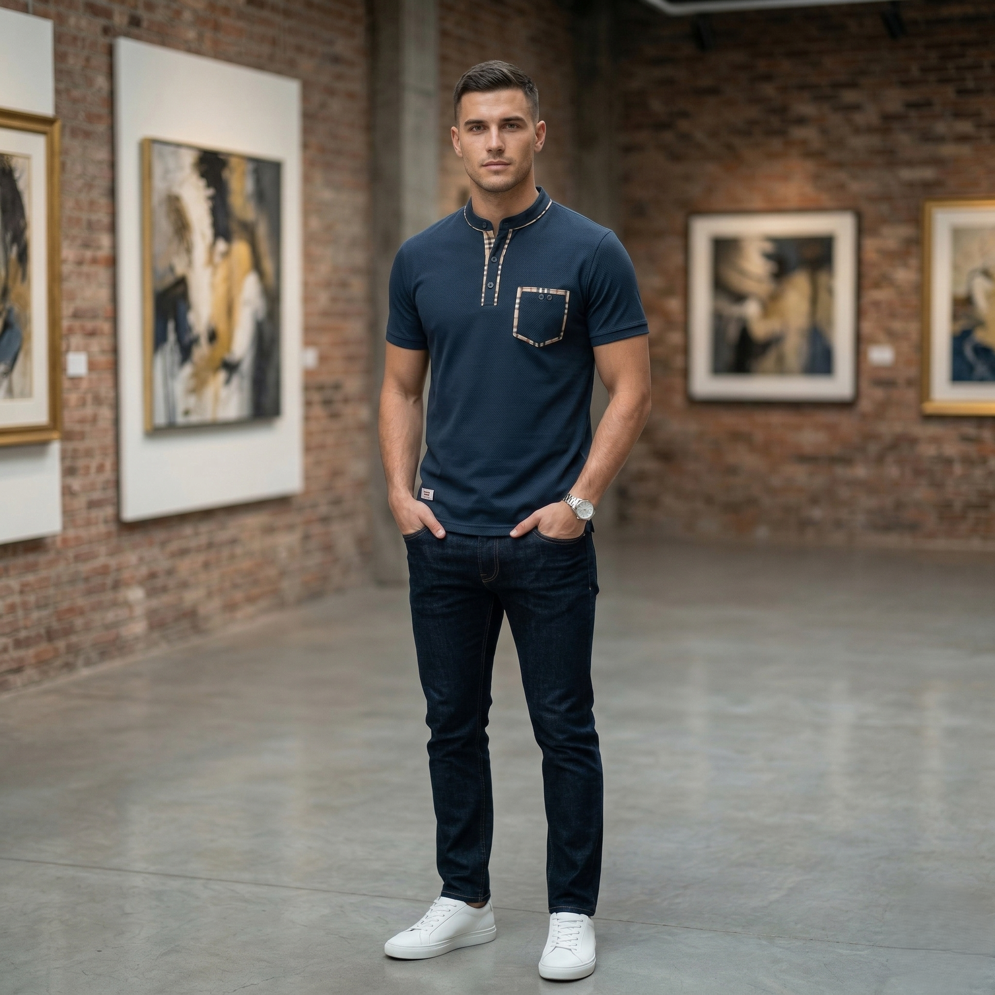 Mandarin Collar Cotton T-Shirt